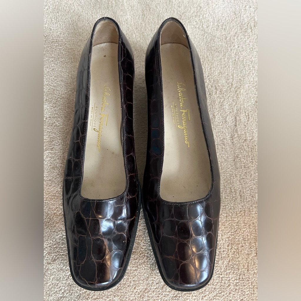 Salvatore Ferragamo Crocodile Embossed Low Wedge Loafers